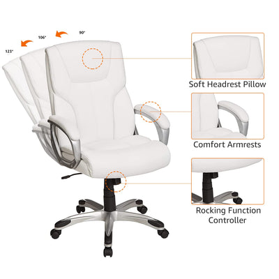 Executive High Back Office Desk Chair, Adjustable Height, Tilt, Swivel, 275lb Capacity, Bonded Leather, White/Pewter