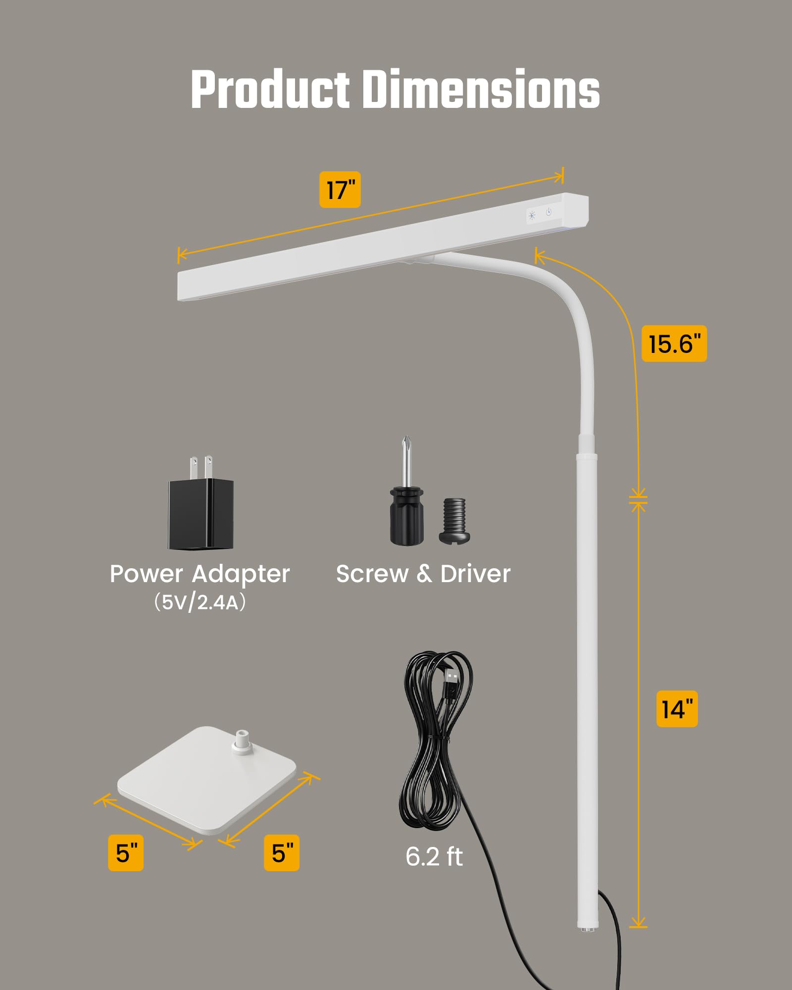 LED Desk Lamp for Home Office, Eye-Caring Desk Light with Base, 12W Touch Control 3 Colors Dimmable Brightness, Gooseneck Architect Lamp for Computer Monitor Reading Workbench, White