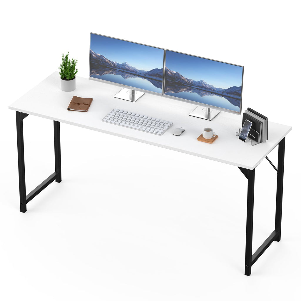 Small Computer Office Desk 63 Inch Student Study Writing Work with Metal Frame Wood Tabletop Modern Simple Home Bedroom PC Table with Storage for Study and Work White