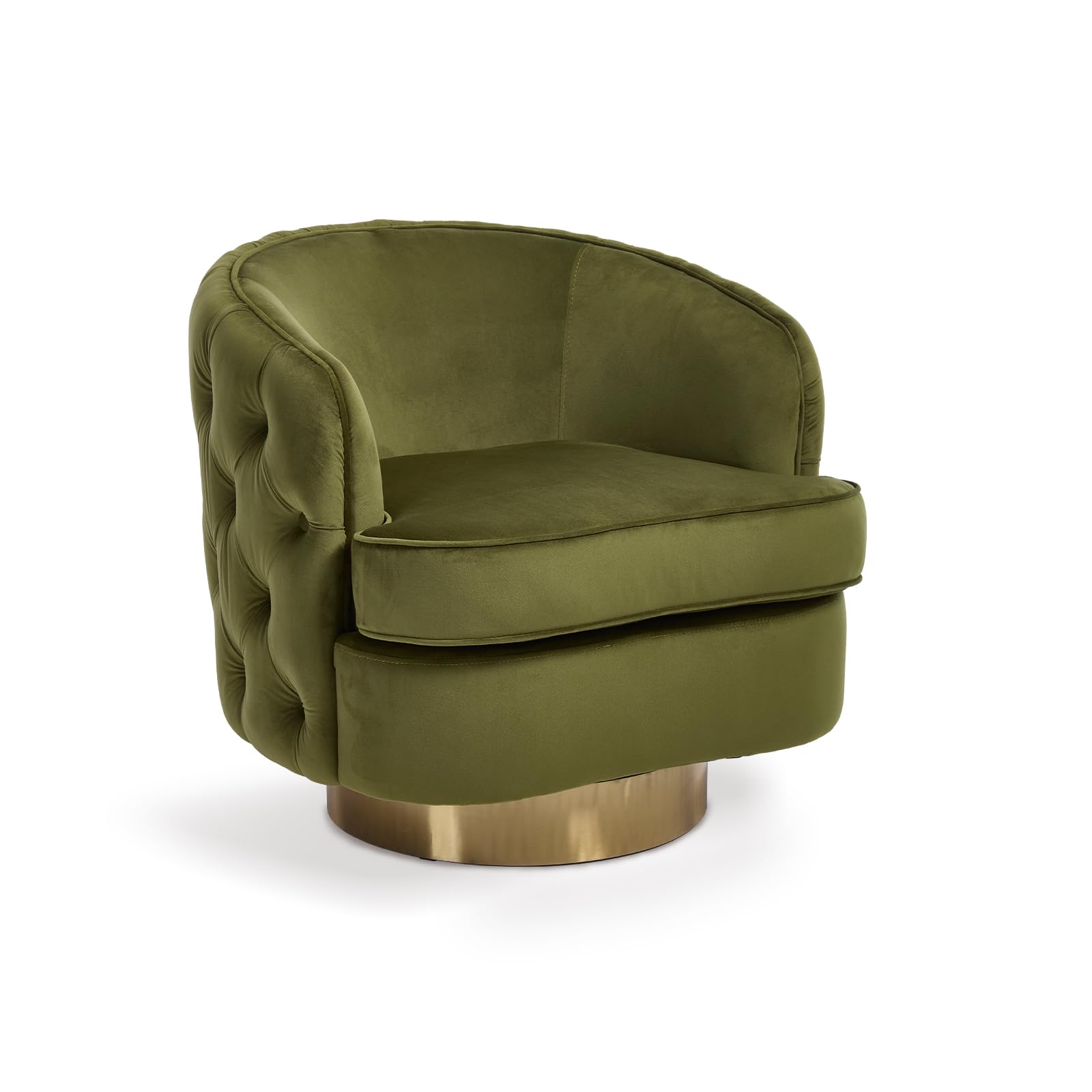 360 Degree Swivel Barrel Accent Chair, Modern Tufted Velvet Upholstered Round Arm Chair with Tall Backrest, Side Reading Seat Single Sofa for Living Room, Green