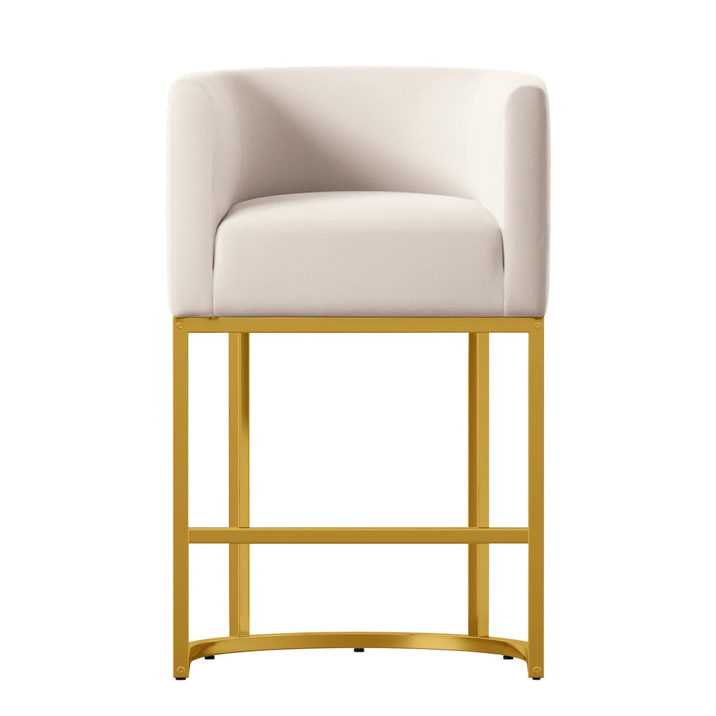 26" Modern Counter Height Bar Stools,Velvet Fabric Upholstered Barrel Barstools with Backs,Island Chairs bar stools Set of 1,Metal Gold Frames,Beige White Velvet