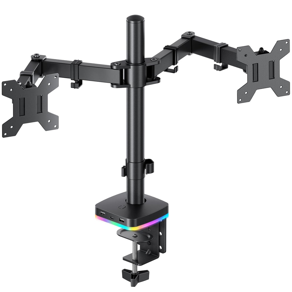 RGB Dual Monitor Desk Mount, Monitor Stand with 3 USB Ports, Charging and USB Data Transfer Function, Adjustable Arms for 13"-27" Monitors up to 17.6lbs, VESA 75x75mm 100x100mm, Ergonomic Design