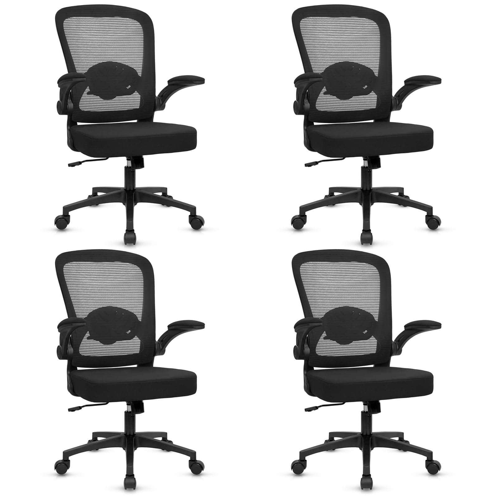 Home Office Desk Chair with Flip Up Armrests, Mesh Back Chair with Adjustable Height Lumbar Support, Ergonomic Computer Task Chair with Wheels for School, Conference, Black(4PK)