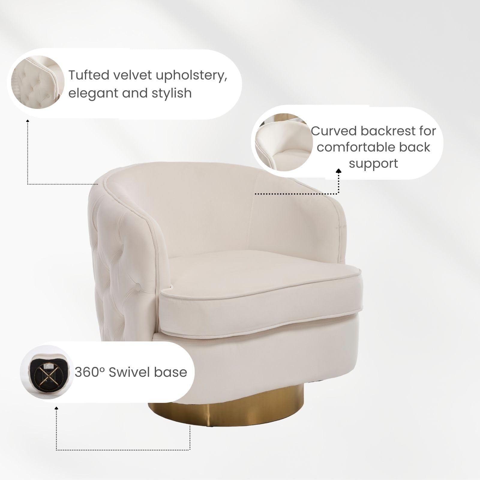 White Swivel Comfy Accent Chair for Living Room, Modern Tufted Velvet Upholstered Round Arm Chair with Tall Backrest, Barrel Side Chairs for Reading Bedroom