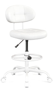 Drafting Chair, Armless Tall Office Chair with Footrest Ring for Standing Desk, Small Faux Leather Executive Computer Chair with Adjustable Height for Bar Lab Counter Height Desk, White