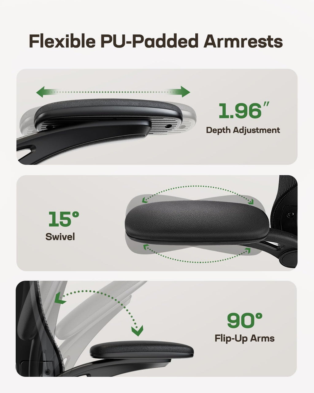 Ergonomic Office Chair with Adjustable Lumbar Support, 3-Way PU Armrests & Breathable Mesh for Home Office and Gaming