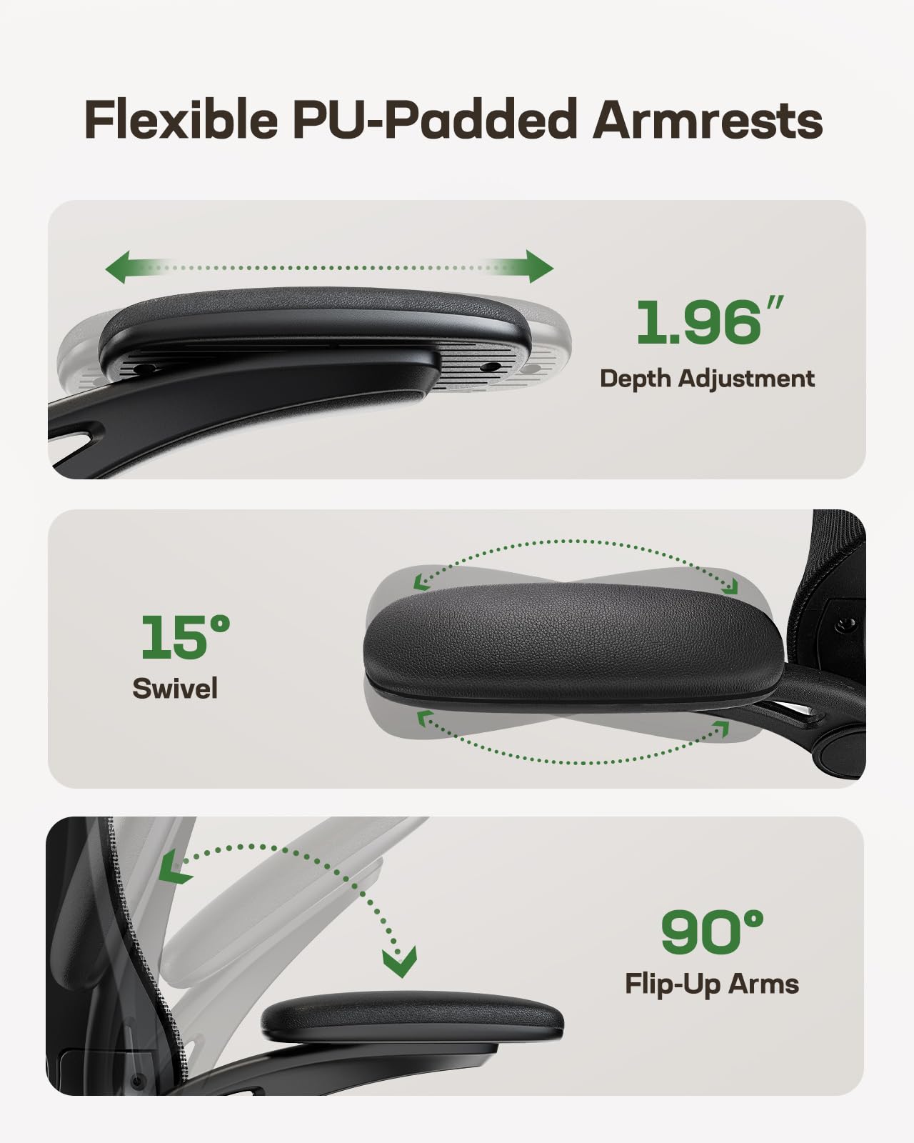 Ergonomic Office Chair with Adjustable Lumbar Support, 3-Way PU Armrests & Breathable Mesh for Home Office and Gaming