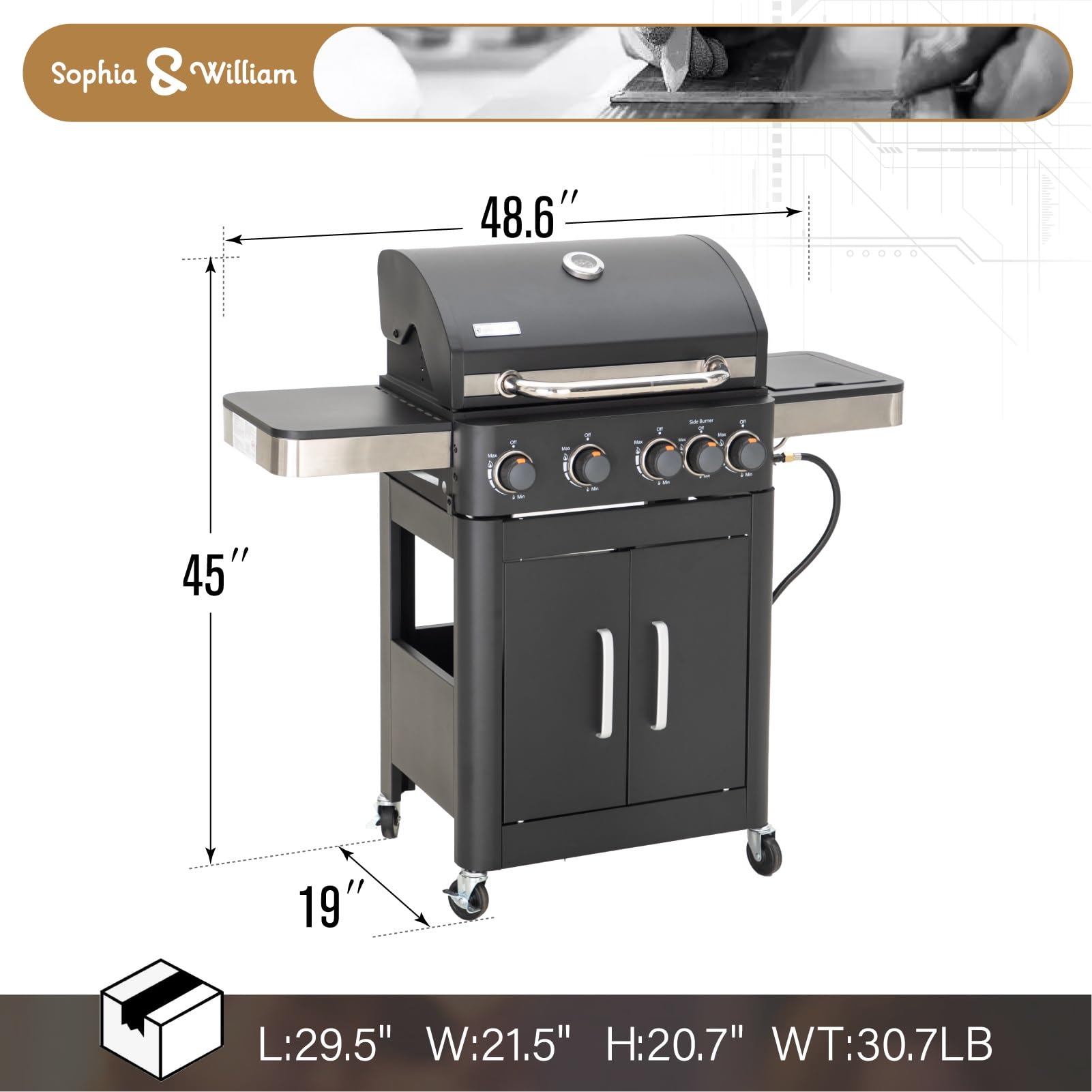 4-Burner Gas BBQ Grill with Side Burner & Porcelain-Enameled Cast Iron Grates, Outdoor Cooking Propane Grills Cabinet Style Garden Barbecue Grill, 46,700BTU, Black