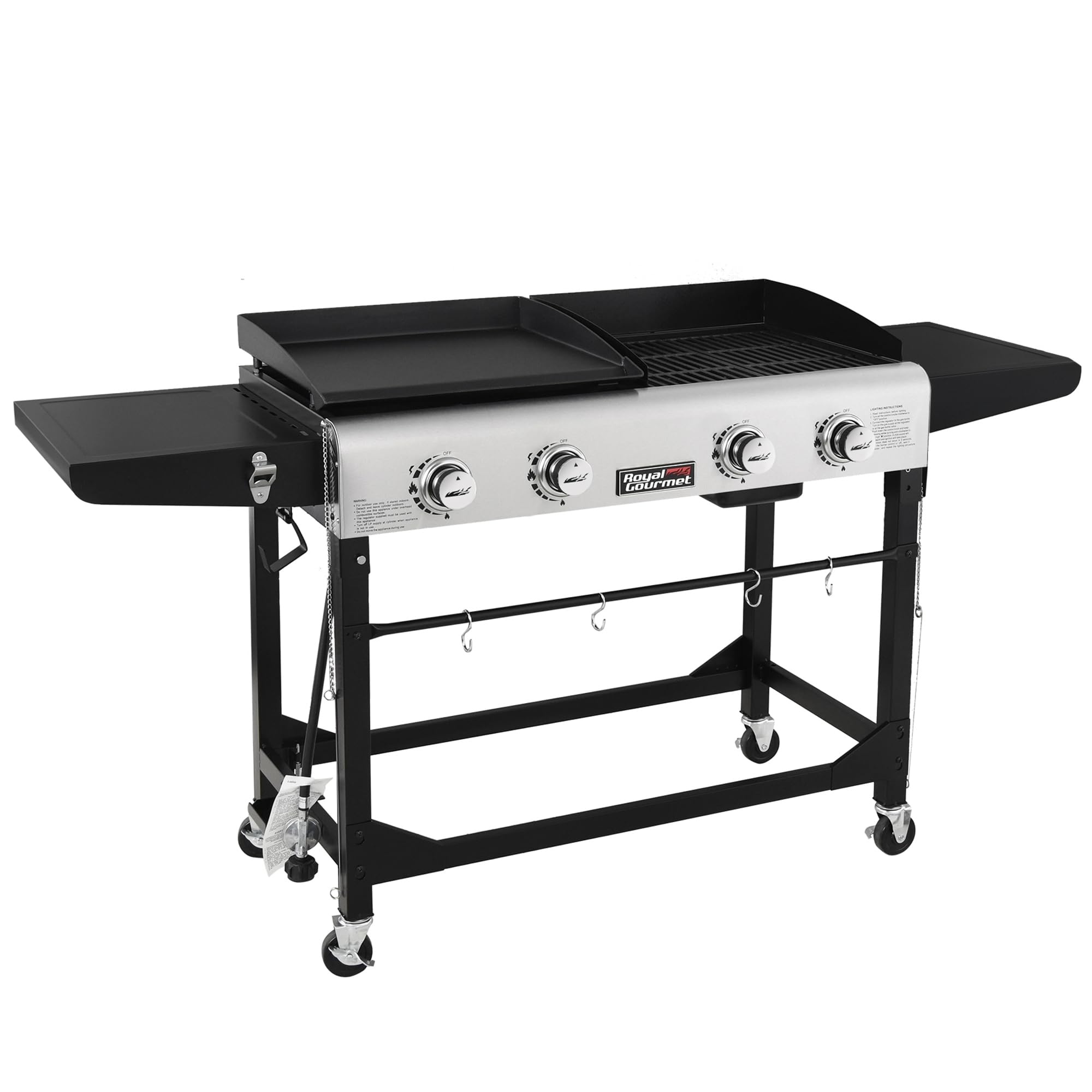 Portable Propane Gas Grill and Griddle Combo with Side Table | 4-Burner, Folding Legs,Versatile, Outdoor | Black 66 Inch