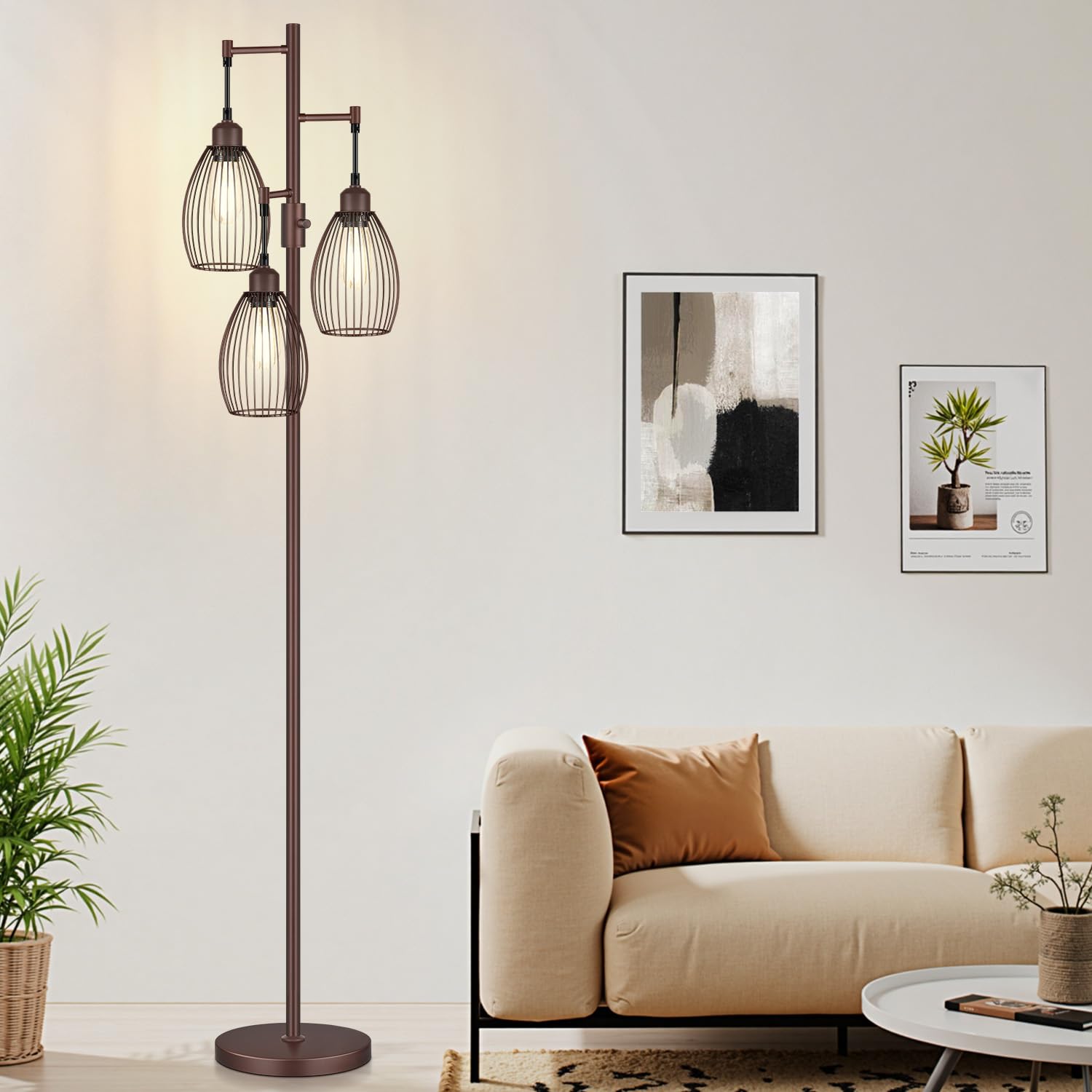 Dimmable Floor Lamp,3x800LM LED Bulbs Included, Farmhouse Industrial Floor Lamp Standing Tree Lamp with Teardrop Cage Head Tall Lamp for Living Room Bedroom Office Dining Room - Matte Brown