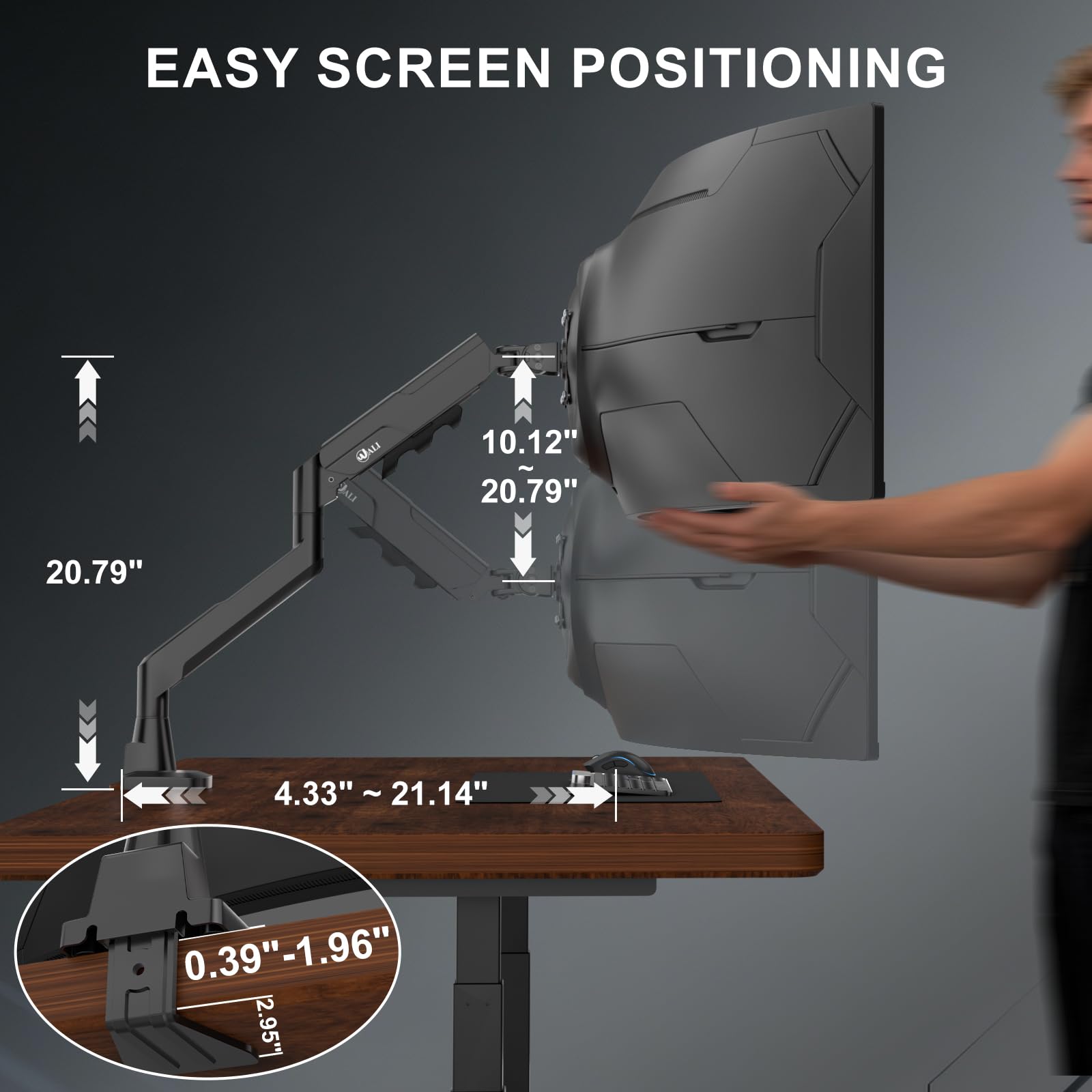 Heavy Duty Single Monitor Arm for 17-49 Inch Flat Curved Ultrawide Screens, up to 33 Lbs, Adjustable Single Monitor Desk Mount for Home Office Gaming, VESA 75/100mm (GSM001XLN), Black