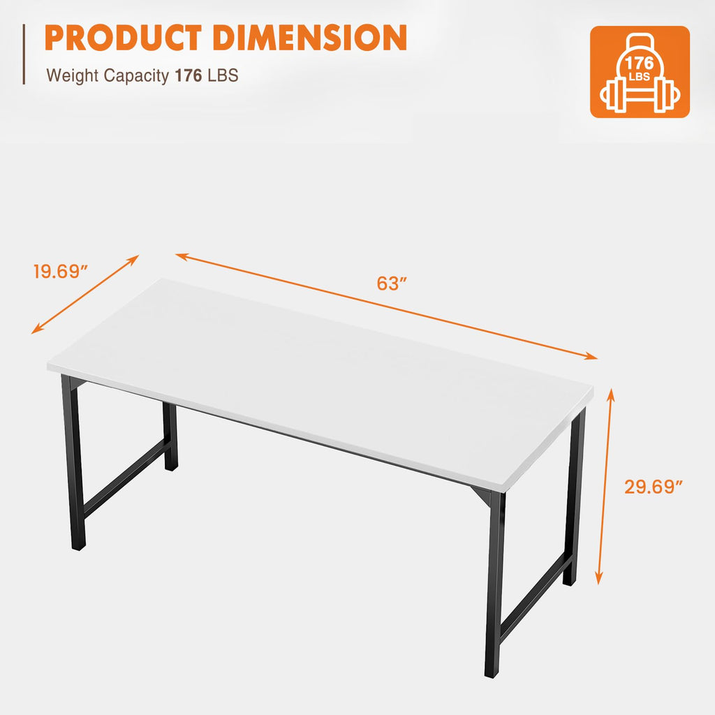 Small Computer Office Desk 63 Inch Student Study Writing Work with Metal Frame Wood Tabletop Modern Simple Home Bedroom PC Table with Storage for Study and Work White