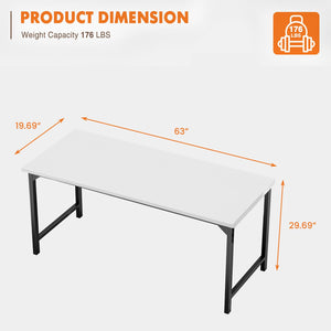 Small Computer Office Desk 63 Inch Student Study Writing Work with Metal Frame Wood Tabletop Modern Simple Home Bedroom PC Table with Storage for Study and Work White