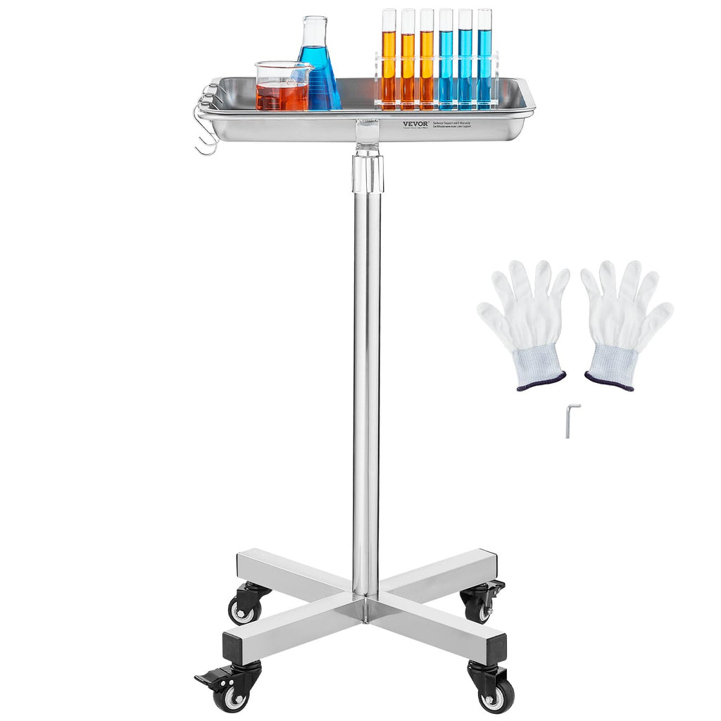 Mayo Stand, Stainless Steel Mayo Tray, Load Capacity up to 36 lbs, Adjustable Height 31.9"-55", Medical Tray on Wheels with Removable Tray for Spa, Salon, Clinic, Personal Care