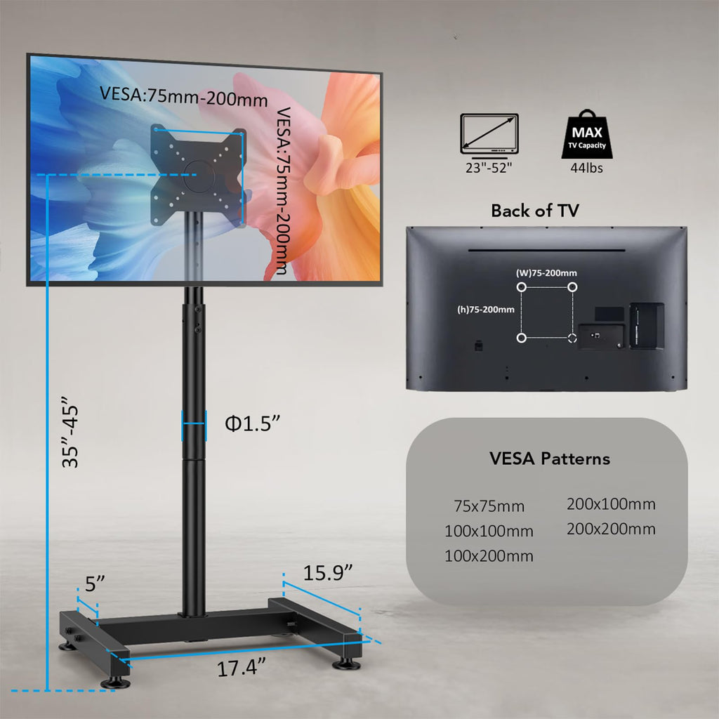 TV Floor Stand for 13-50 inch Screens Holds up to 77lbs, Tilting and Height Adjustable Monitor Floor Stand Mount,Tall Standing TV Stand for Bedroom, Dorm Room, Office, Max VESA 200x200mm