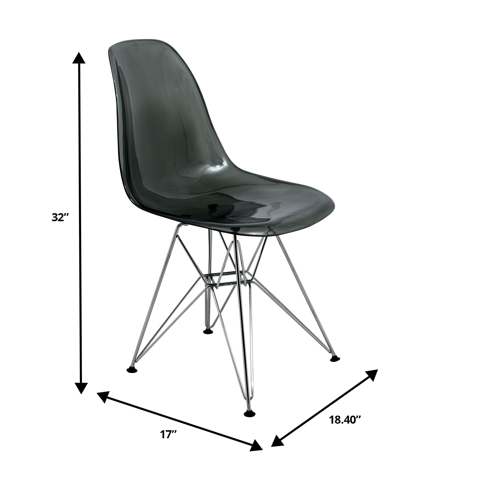 Dining, Modern Chrome Eiffel Base and Curved Back Design, Ergonomic and Lightweight Accent Side Chair for Mid-Century Home, Kitchen, and Café (Transparent Black, Set of 2)