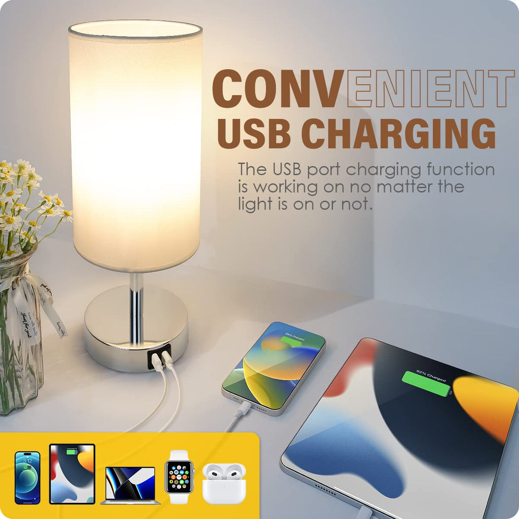 Bedside Lamp with USB Port - Touch Control Table Lamp for Bedroom 3 Way Dimmable Nightstand Lamp with Round White Fabric Shade for Living Room, Dorm, Home Office (LED Bulb Included)
