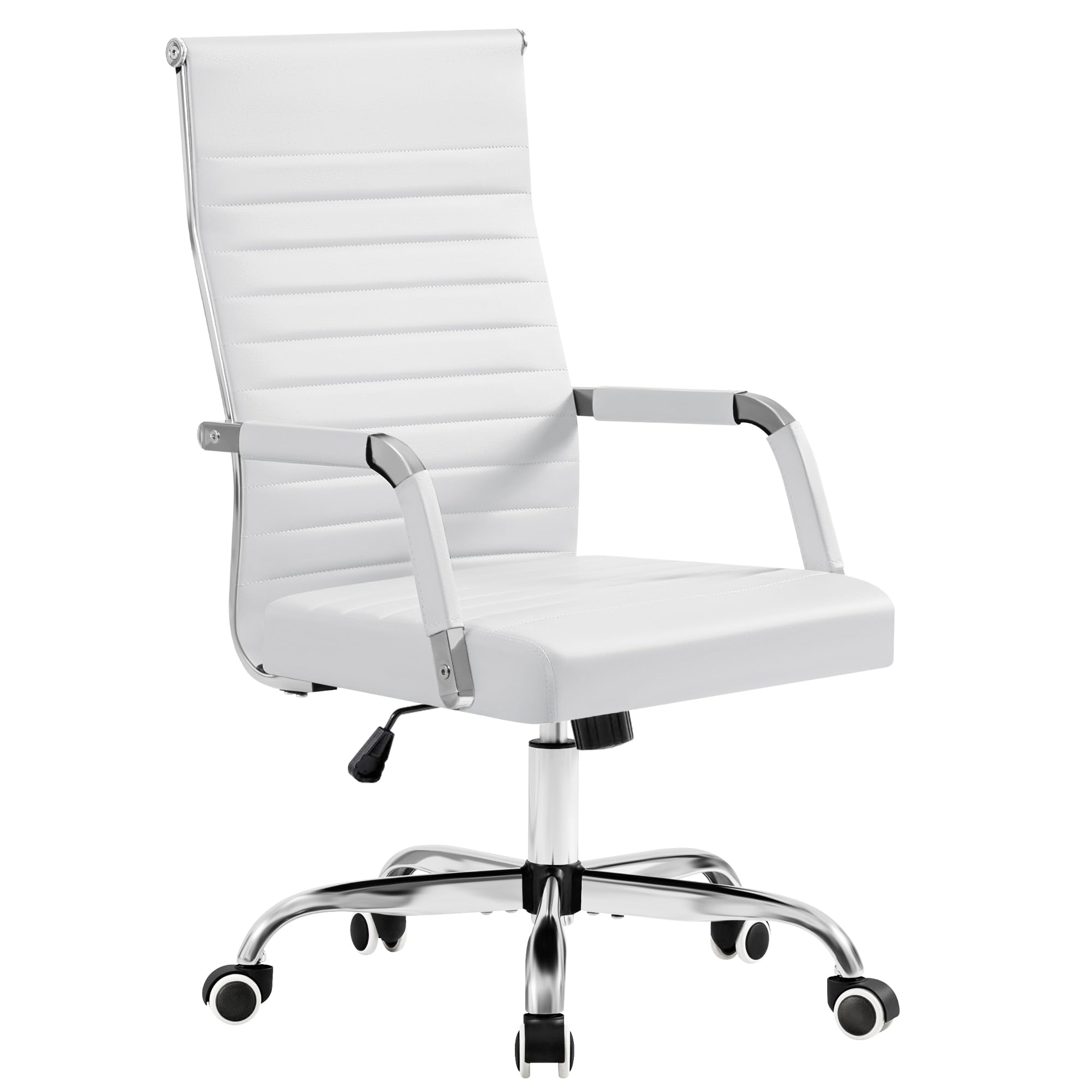 Ergonomic Office Desk Chair, Executive Ribbed Mid-Back PU Leather Conference Room Chair Adjustable Swivel Chair with Arms (1, White)