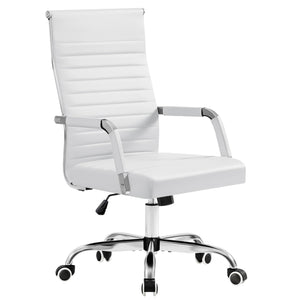 Ergonomic Office Desk Chair, Executive Ribbed Mid-Back PU Leather Conference Room Chair Adjustable Swivel Chair with Arms (1, White)