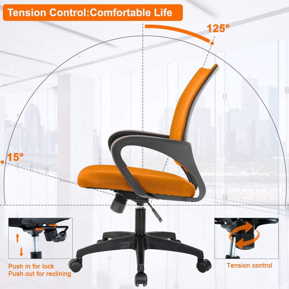Ergonomic Office Chair | Mid-Back Swivel Desk Chair | Breathable Backrest & Lumbar Support | Adjustable Height | Sponge Seat | Rolling Wheels | Orange | for Adults & Women