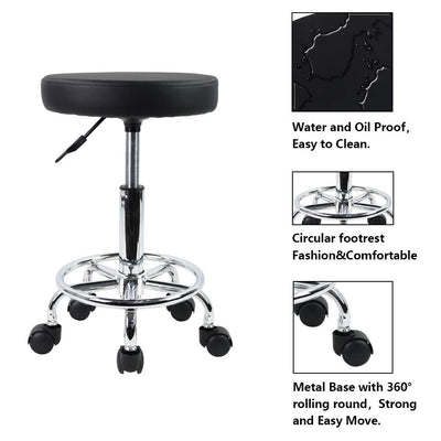 PU Leather Round Rolling Stool with Foot Rest Swivel Height Adjustment Spa Drafting Salon Tattoo Work Office Massage Stools Task Chair Small (Black)