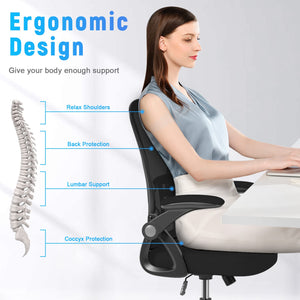Ergonomic Office Chair, Mid Back Desk Chairs with Adjustable Height, Swivel Chair with Flip-Up Arms and Lumbar Support, Breathable Mesh Computer Chair for Home/Study/Working, Dark Black