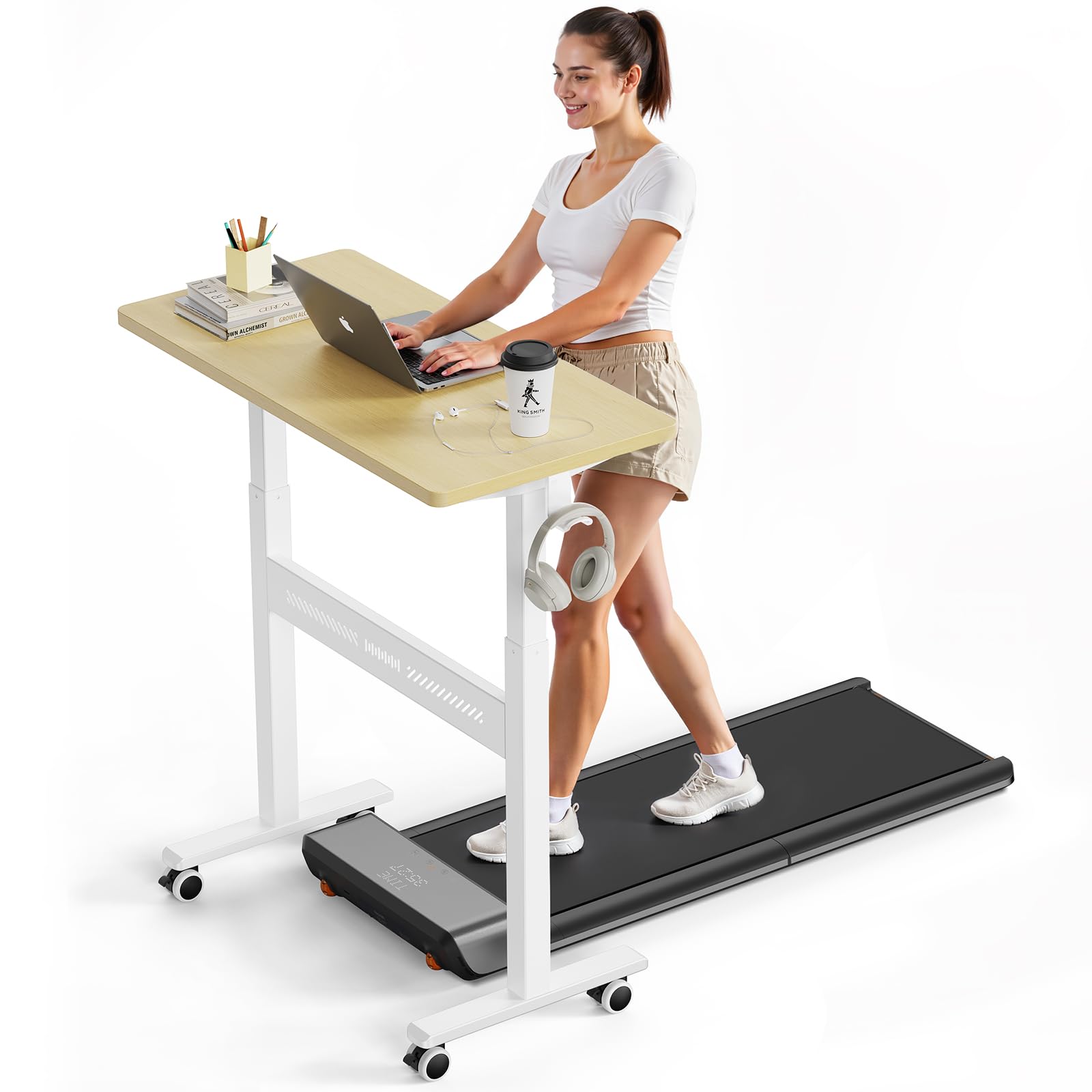 Mobile Walking Pad Desk with Wheels, Pneumatic Small Rolling Standing Desk Riser Height Adjustable (28-43.7