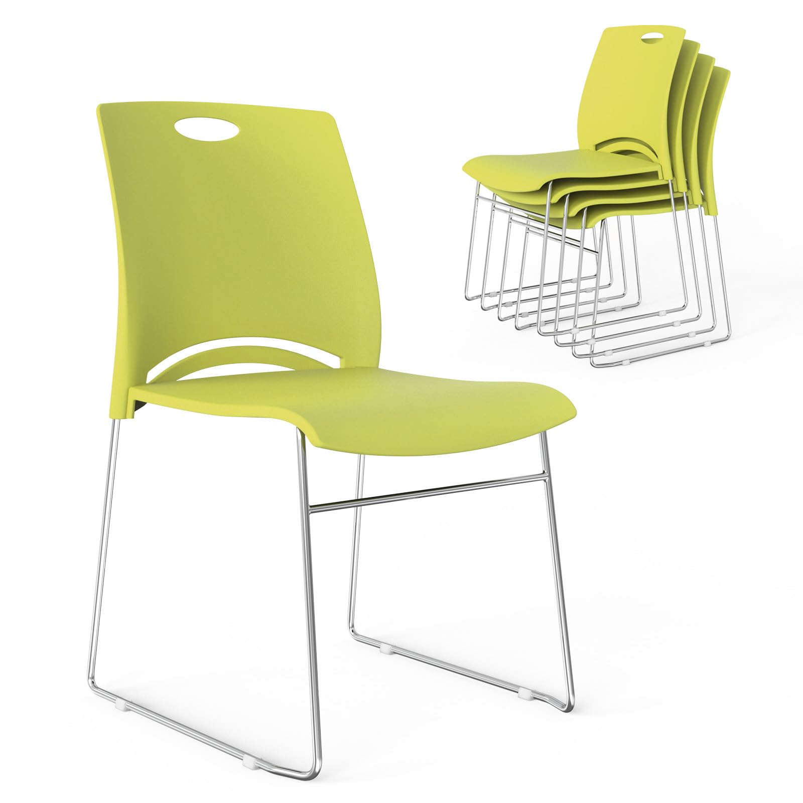 Stacking Chairs Set of 5 Stackable Office Chairs with Metal Sled Base, Ergonomic Plastic Seat, Stacking Chairs for Waiting Room Break Room Banquet Guest, Green