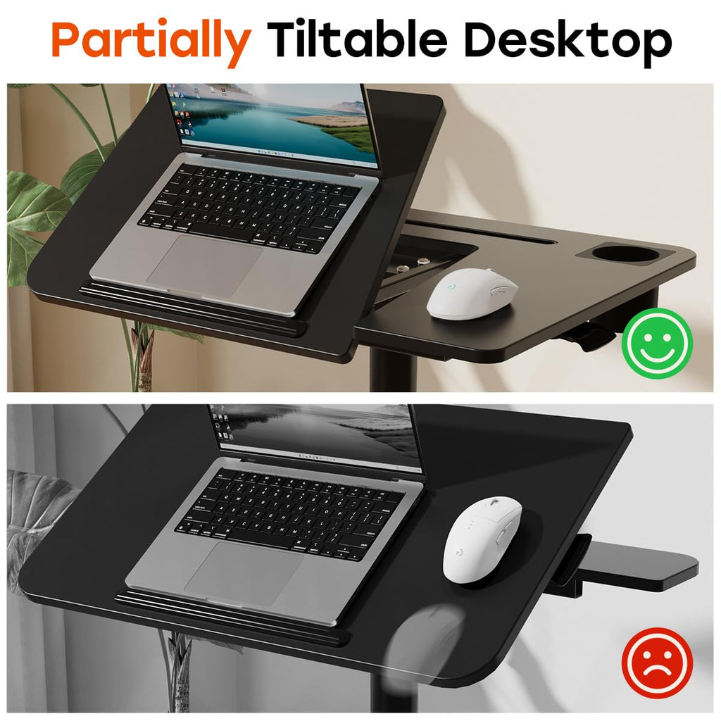Mobile Standing Desk, Height Adjustable Table, 60° Tiltable Rolling Laptop Desk, Portable Sit Stand Desk with Wheels Cup Holder for Bed Couch Hospital, Holds Up to 22lbs, Black