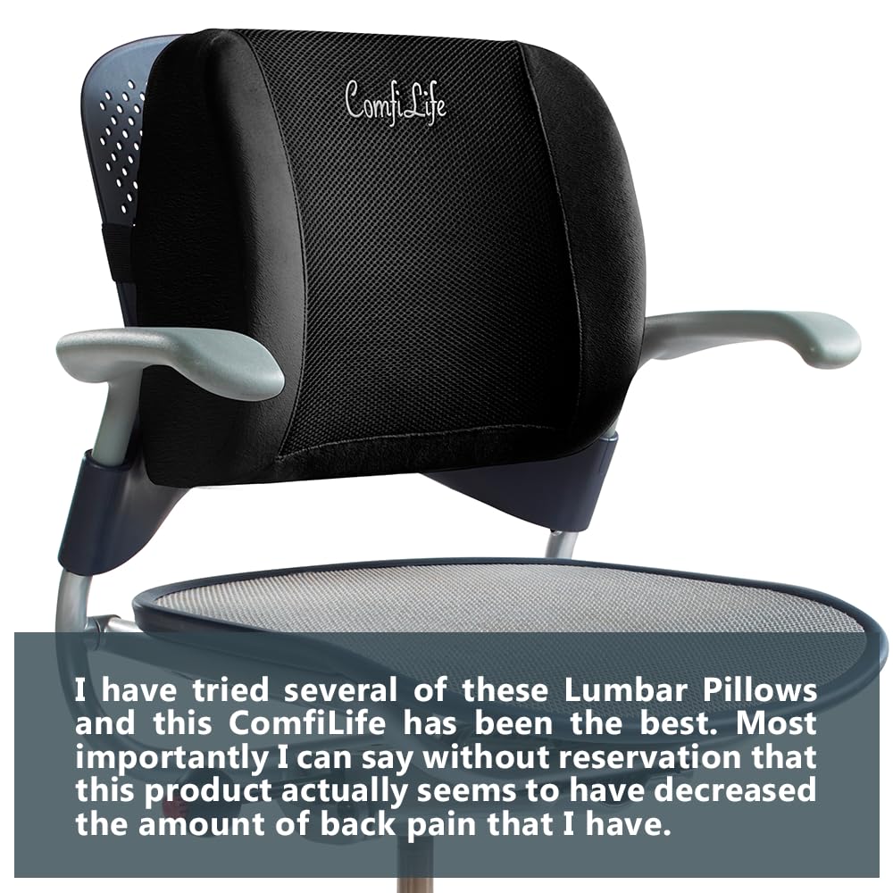 Lumbar Support Back Pillow Office Chair and Car Seat Cushion - Memory Foam with Adjustable Strap and Breathable 3D Mesh (Black)