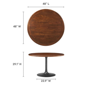 48 Inch Round Wood Dining Table with Metal Pedestal in Black Walnut - Modern Industrial Dining Table for 4 People - Solid Wood Tulip Kitchen Table