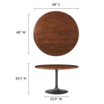48 Inch Round Wood Dining Table with Metal Pedestal in Black Walnut - Modern Industrial Dining Table for 4 People - Solid Wood Tulip Kitchen Table