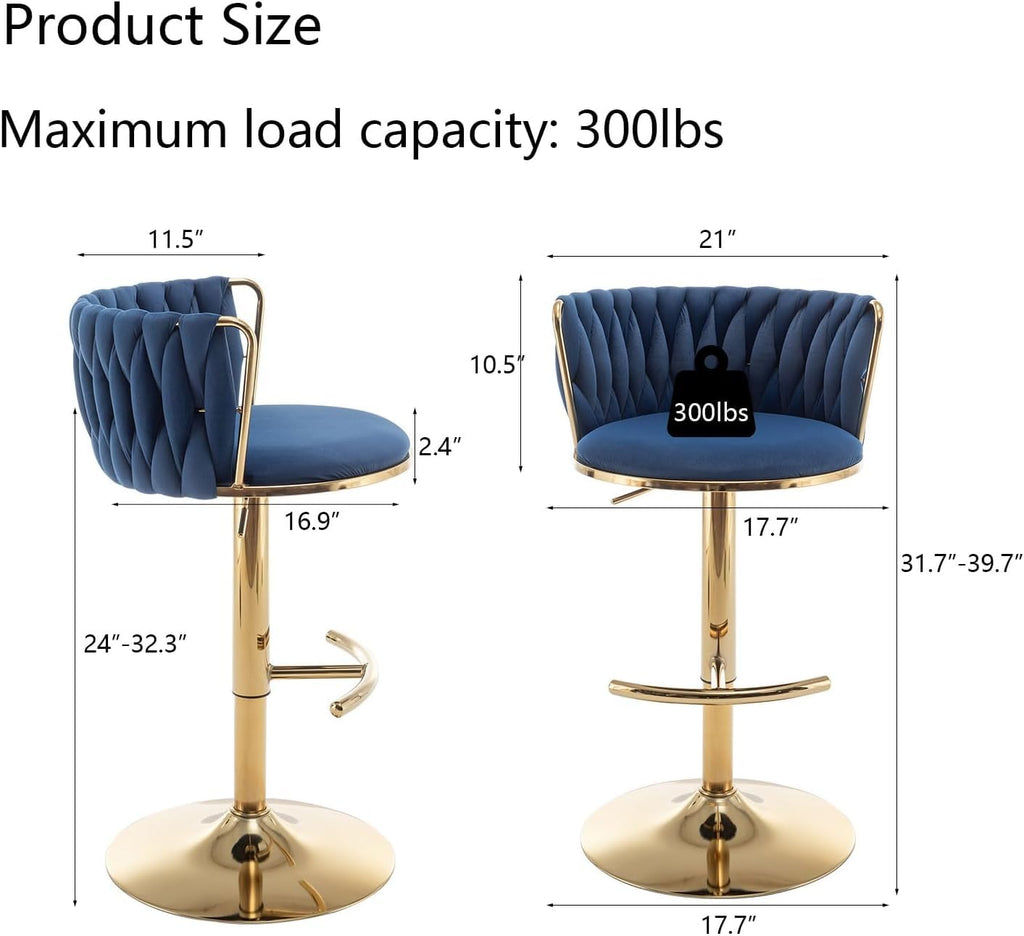 Gold Velvet Bar Stools Set of 3, Swivel Counter Height Bar Stools with Back, Adjustable Woven Barstools for Kitchen Island, Pub, Club (Blue)