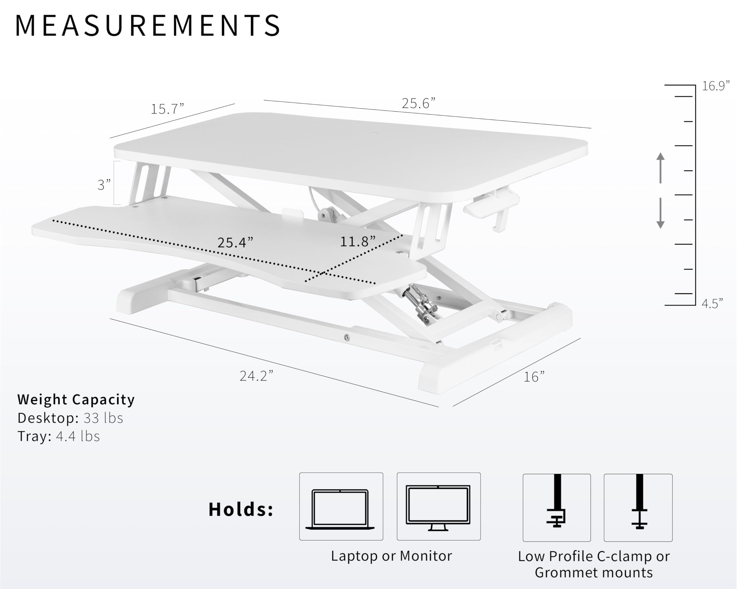 26 inch Desk Converter, K Series, Height Adjustable Sit to Stand Riser, Dual Monitor and Laptop Workstation with Keyboard Tray, White, DESK-V026KW