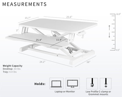 26 inch Desk Converter, K Series, Height Adjustable Sit to Stand Riser, Dual Monitor and Laptop Workstation with Keyboard Tray, White, DESK-V026KW