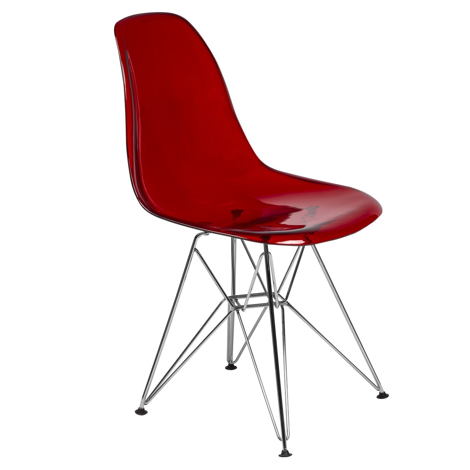 Dining, Modern Chrome Eiffel Base and Curved Back Design, Ergonomic and Lightweight Accent Side Chair for Mid-Century Home, Kitchen, and Café (Transparent Red, Singles)