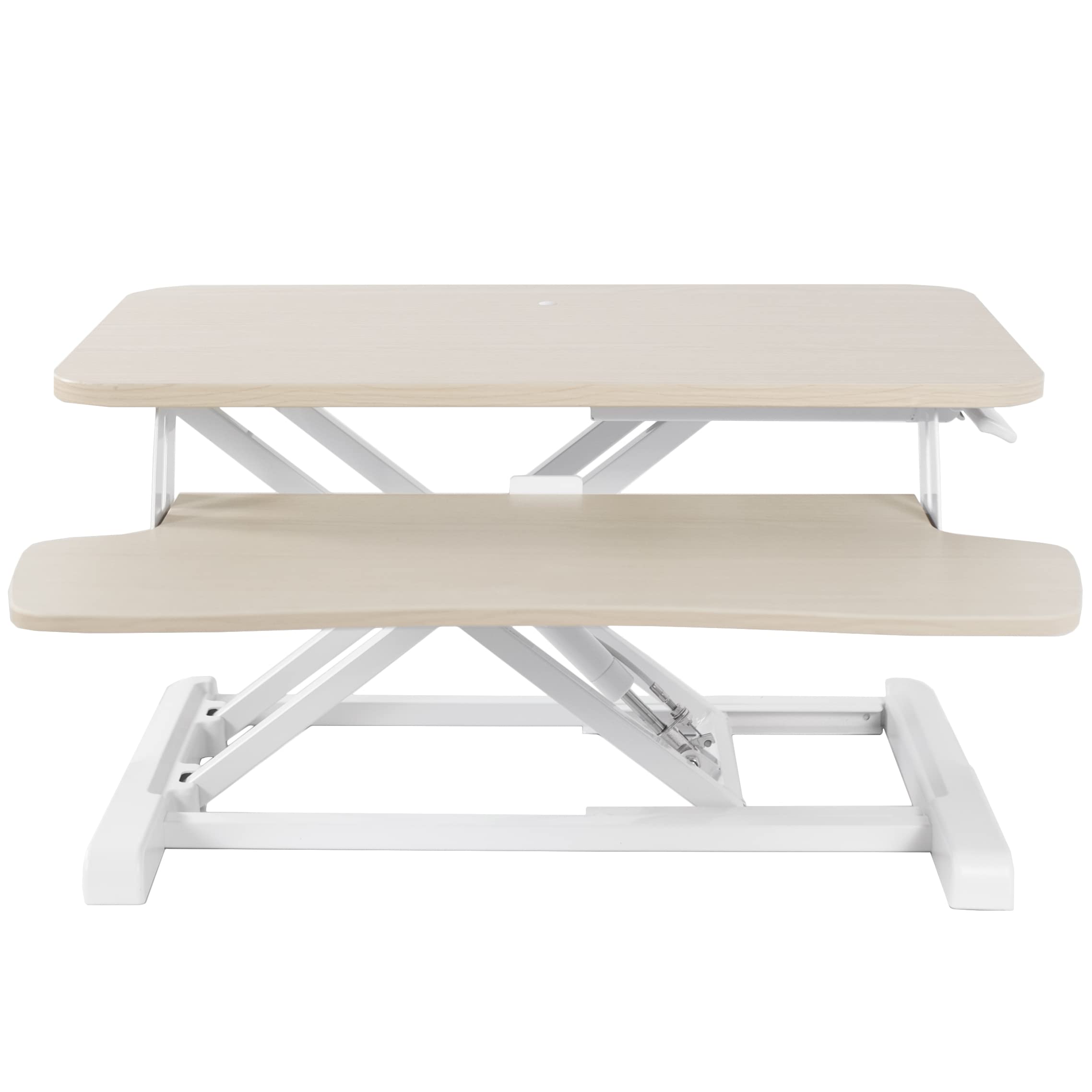 26 inch Desk Converter, K Series, Height Adjustable Sit to Stand Riser, Dual Monitor and Laptop Workstation with Keyboard Tray, Light Wood Top, White Frame, DESK-V026KF