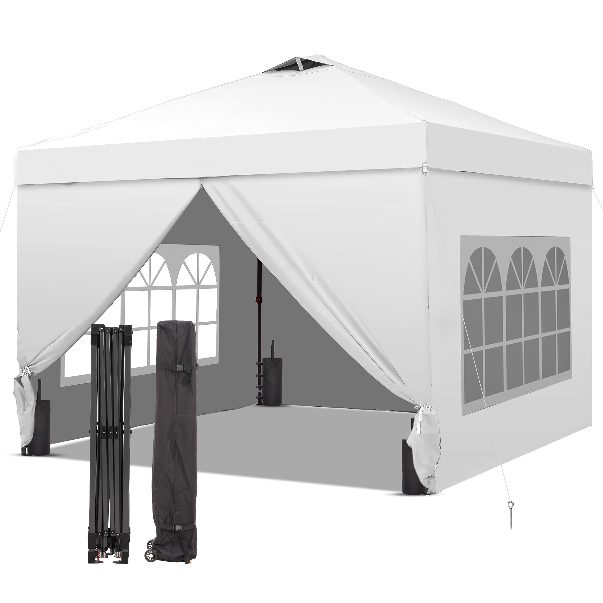 12x12 Pop Up Canopy Tent with 4 Sidewalls, Easy Set up with One Push Lift Gazebo with Wheel Bag and4 Sandbags,Carpas for Events, Parties,Camping, White.