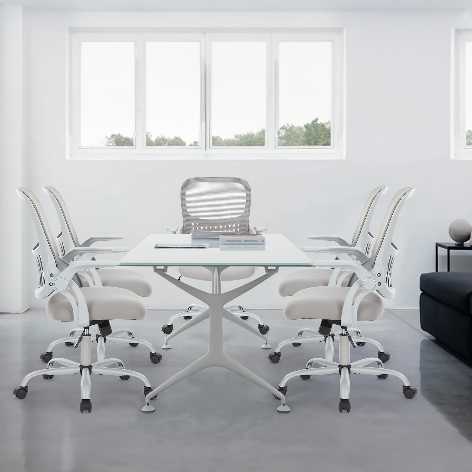 Home Office Managerial Executive Chair, Ergonomic Mesh Adjustable Swivel Mid-Back Chair with, Flip-up Arms, Comfortable Lumbar Support, Comfy Arms for Bedroom,Study,Student, Grey