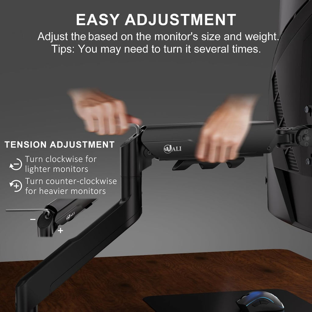 Heavy Duty Single Monitor Arm for 17-49 Inch Flat Curved Ultrawide Screens, up to 33 Lbs, Adjustable Single Monitor Desk Mount for Home Office Gaming, VESA 75/100mm (GSM001XLN), Black
