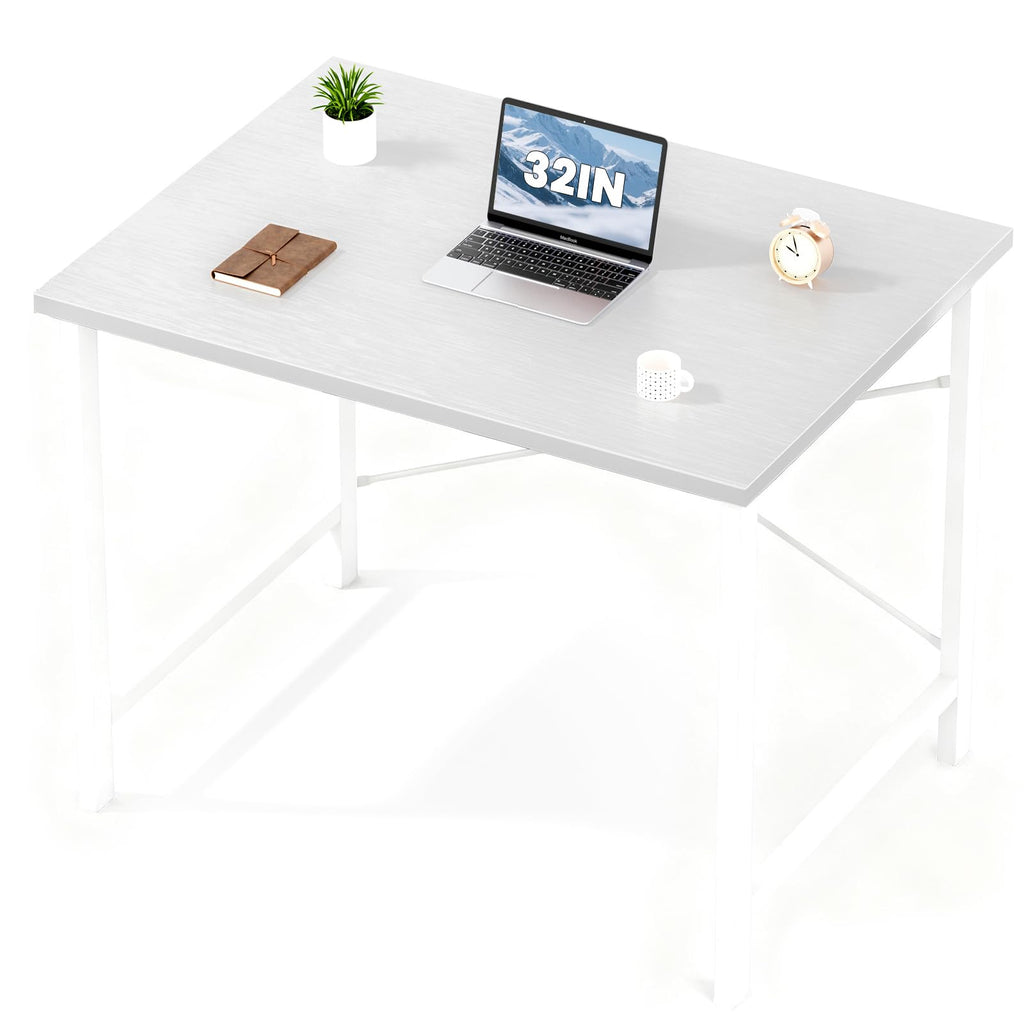 Computer Small Office Desk 32 Inch Student Study Writing Work with Metal Frame Wood Tabletop Modern Simple PC Home Bedroom Table, Computer Table, White