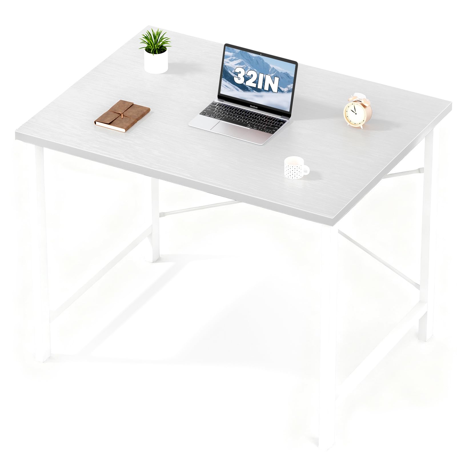 Computer Small Office Desk 32 Inch Student Study Writing Work with Metal Frame Wood Tabletop Modern Simple PC Home Bedroom Table, Computer Table, White