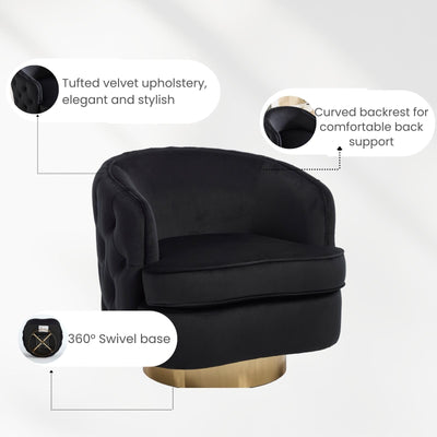 360 Degree Swivel Barrel Accent Chair, Modern Tufted Velvet Upholstered Round Arm Chair with Tall Backrest, Side Reading Seat Single Sofa for Living Room, Black