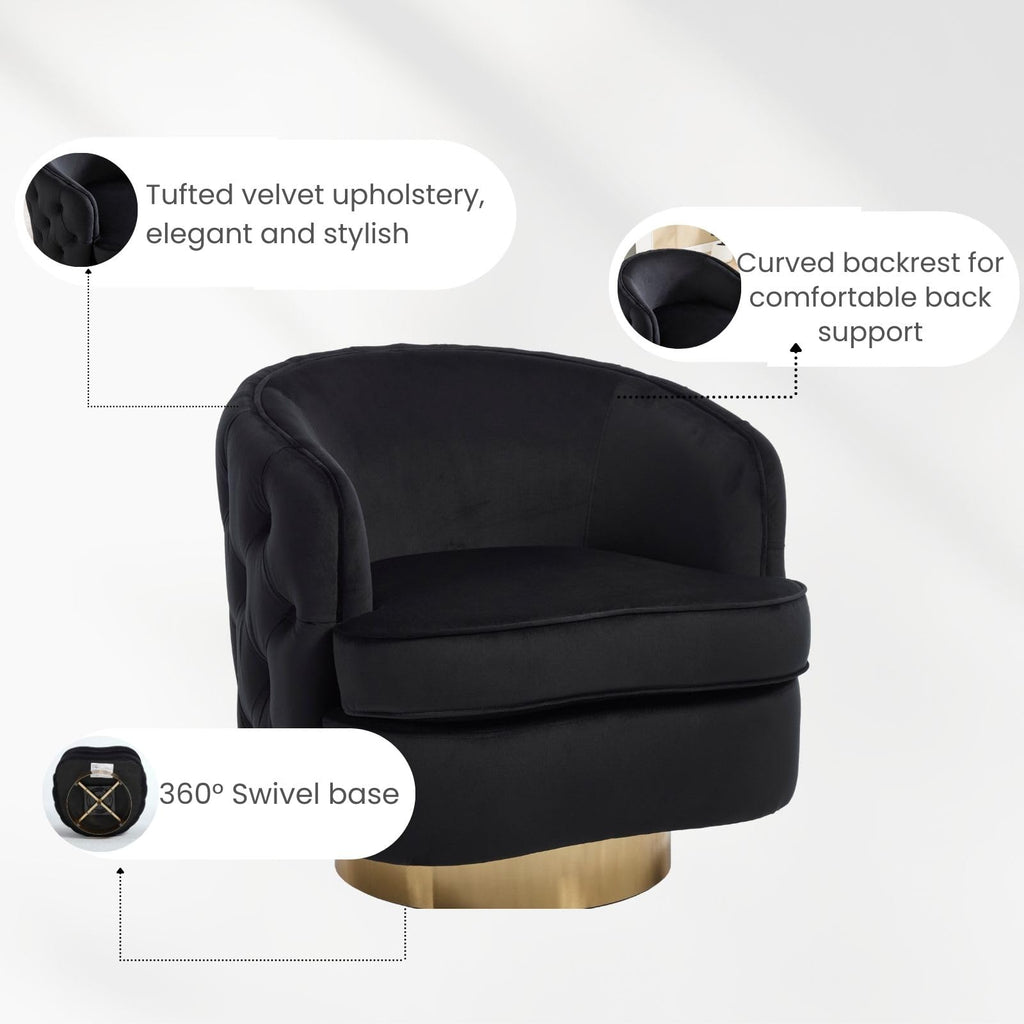 Black Swivel Barrel Accent Chair Set of 2, Modern Tufted Velvet Upholstered Round Arm Chair with Tall Backrest, Side Reading Seat for Living Room,Bedroom