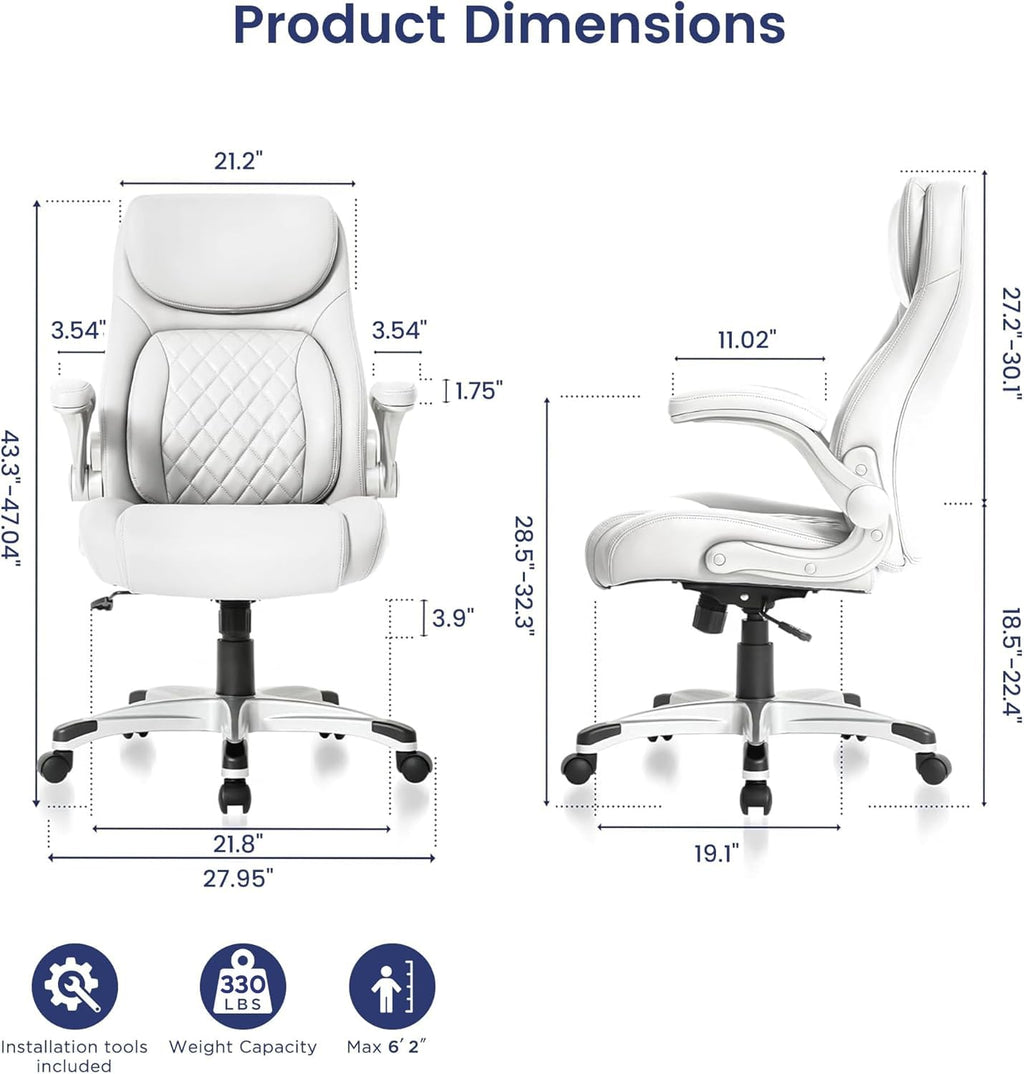 Ergonomic Office Chair Premium Leather Adjustable Lumbar Support & Armrests, High Back Comfy Desk Gaming Chairs Executive Computer Swivel Chair Tilt Function(Posture,White)