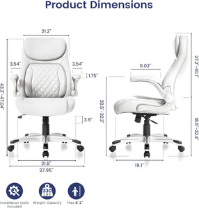 Ergonomic Office Chair Premium Leather Adjustable Lumbar Support & Armrests, High Back Comfy Desk Gaming Chairs Executive Computer Swivel Chair Tilt Function(Posture,White)