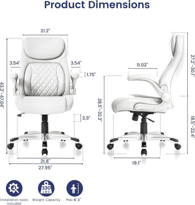 Ergonomic Office Chair Premium Leather Adjustable Lumbar Support & Armrests, High Back Comfy Desk Gaming Chairs Executive Computer Swivel Chair Tilt Function(Posture,White)