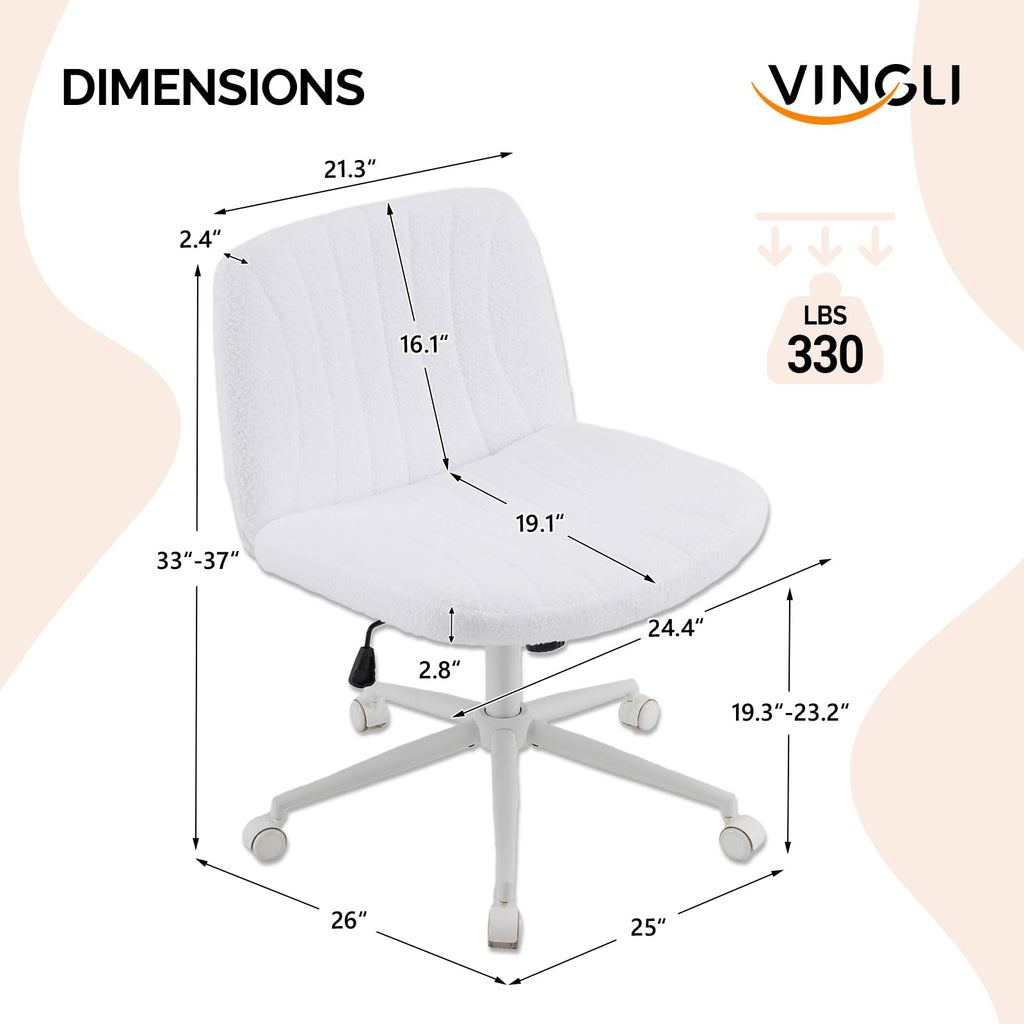 Criss Cross Legged Chair,Wide Comfy Office Desk Chair,Dual-Use with/no Wheels Computer Task Chair,Swivel Armless Vanity Boucle Chair for Study,Make Up,Home Office,Teddy Fleece,White