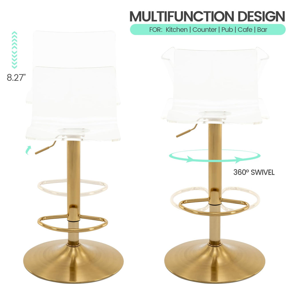 Acrylic Bar Stools with Mid Back, Set of 2, Transparent Adjustable Swivel Airlift Barstools, Counter Height Bar Chairs for Kitchen Dining Pub Cafe (Clear, Gold Base)