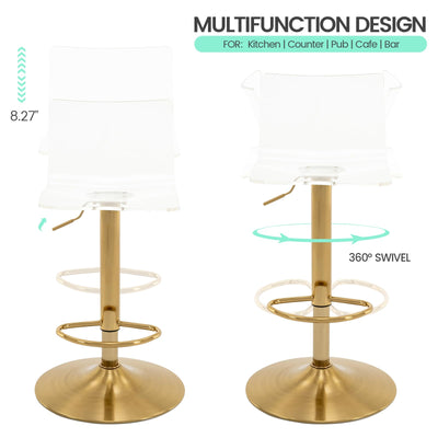 Acrylic Bar Stools with Mid Back, Set of 2, Transparent Adjustable Swivel Airlift Barstools, Counter Height Bar Chairs for Kitchen Dining Pub Cafe (Clear, Gold Base)